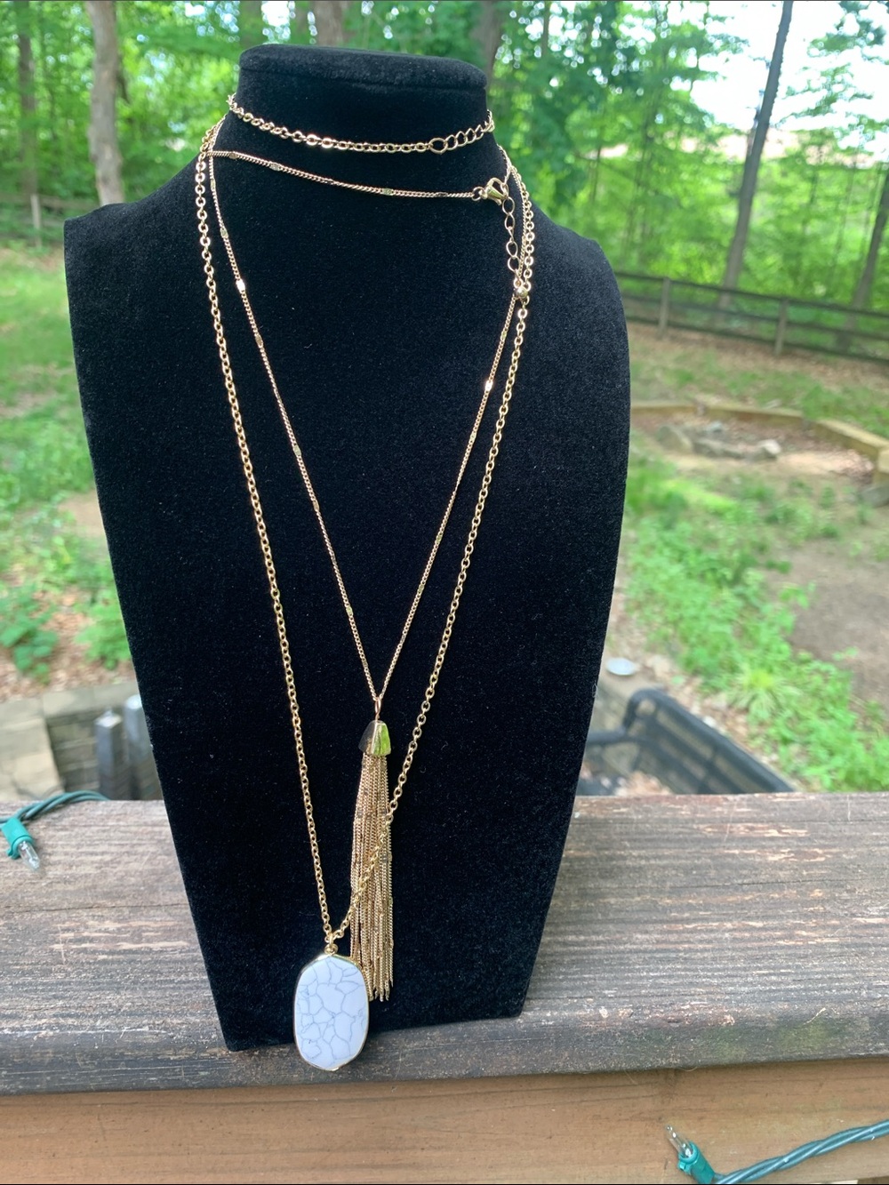 Gold Layered Pendant Necklace with White Howlite Stone and Tassel